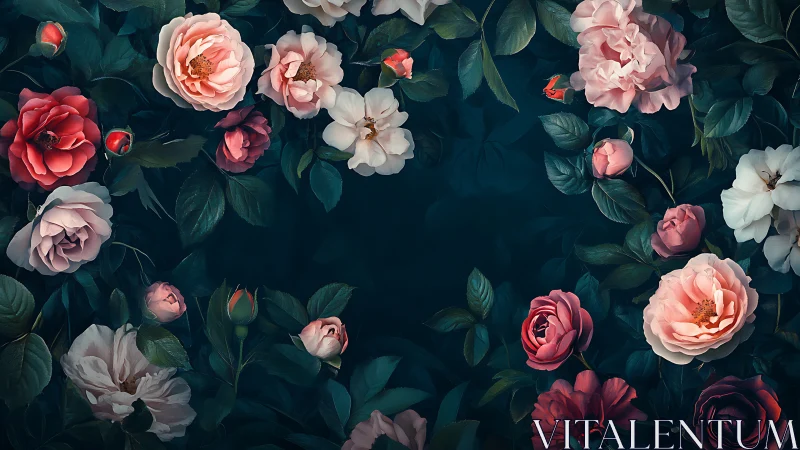 Multi-species floral composition with ranunculus, garden roses, and peonies on teal background. Bota