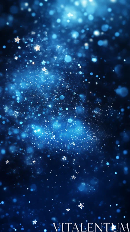 Blue starry night background with glowing light bokeh.