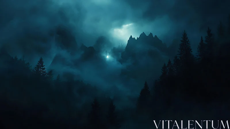 Moonlit mountain ridge emerging through dense valley fog.