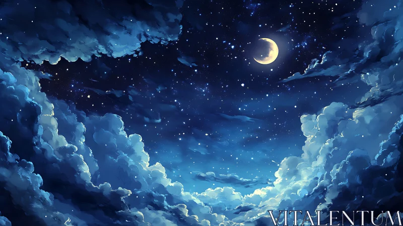 Moonlit cloudscape framing deep starlit midnight sky.
