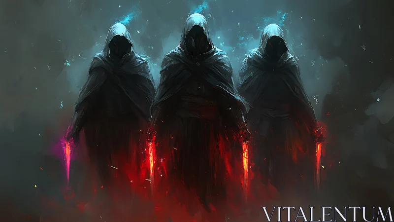 Hooded spectral figures with glowing red and violet blades.