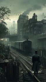 Foggy industrial railway with lone figure observing train