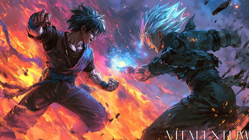 High-intensity anime duel with contrasting elemental energy effects