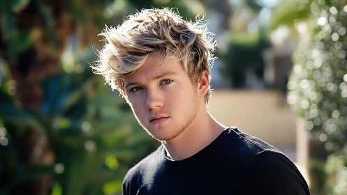Thoughtful blonde young man in warm outdoor sunlight.