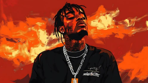 Confident rapper portrait set against blazing orange sky