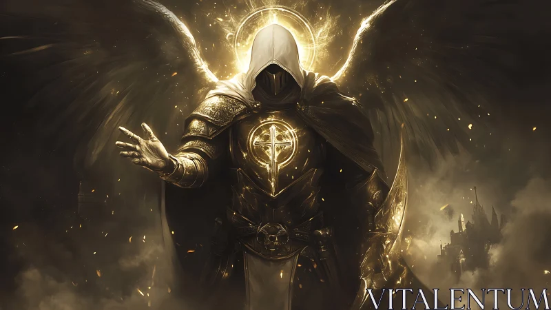 Hooded winged figure in luminous armor with haloed emblem.