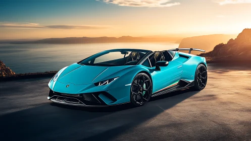Turquoise Lamborghini convertible on coastal mountain road.
