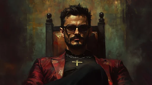 Brooding man in red jacket relaxes in a shadowy throne chair