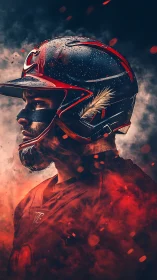 Profile portrait of armored baseball player in infernal smoke