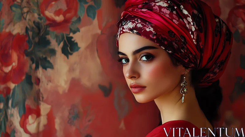 Portrait of woman in red headwrap before floral backdrop