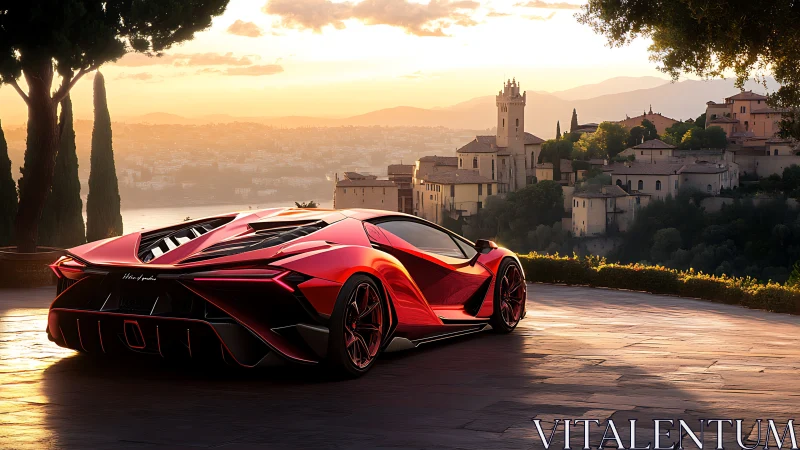 Aerodynamic hypercar at sunset beside terraced hillside city.