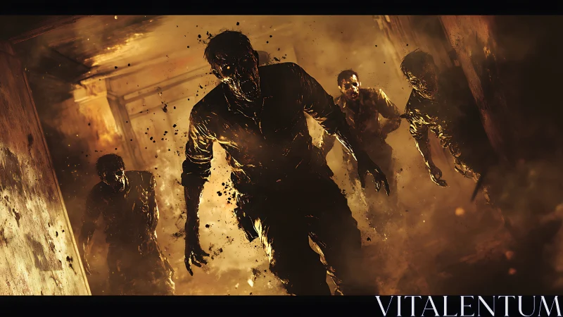 Terrifying zombies advance through a burning, smoke-filled corridor.