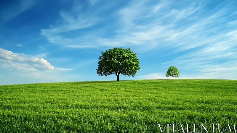 Solitary tree dominates vivid green meadow under blue sky