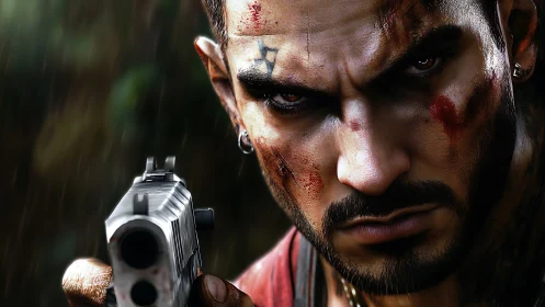 Scarred gunman in intense close-up digital portrait.