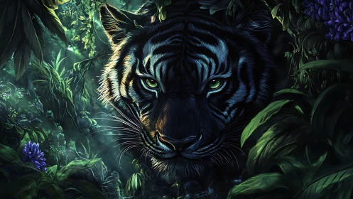 Nocturnal jungle tiger portrait with luminous green eyes.
