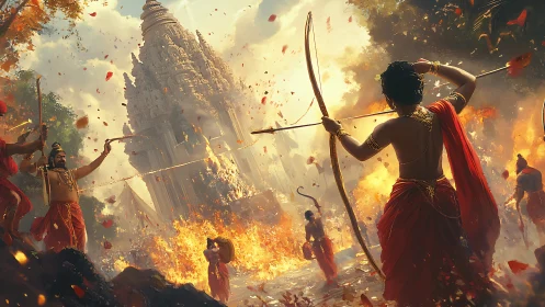 Warriors ignite temple siege amid blazing golden inferno.