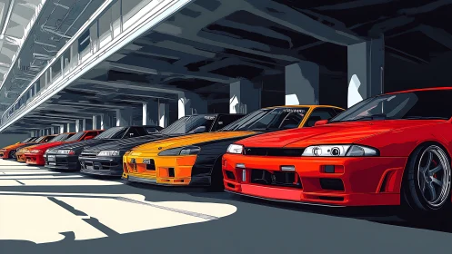 Digital lineup of tuned sports cars in urban parking garage.