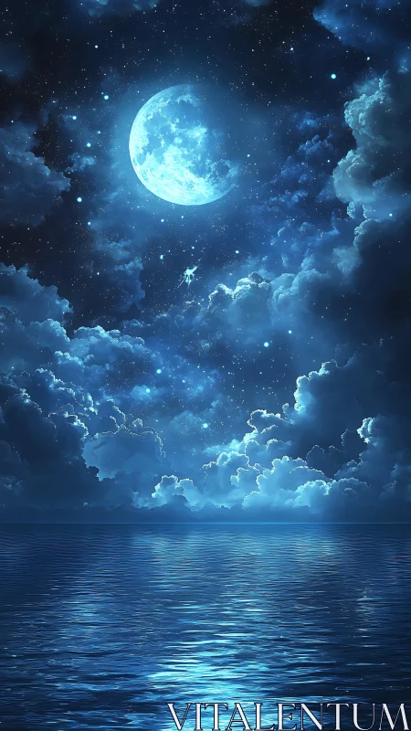 Luminous full moon above calm reflective nocturnal ocean.