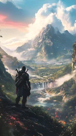 Armored wanderer surveying vast misted valley and waterfalls