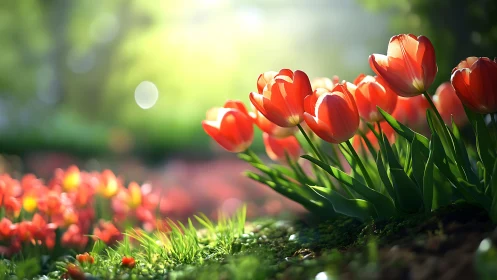 Red Tulips Backlit by Golden Spring Sunlight
