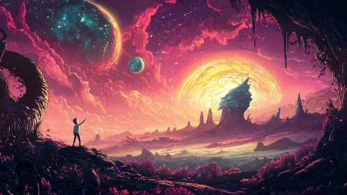 Backlit alien horizon with twin planets and silhouetted observer