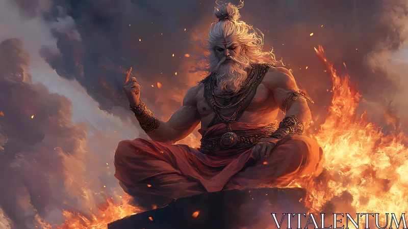 Fiery ascetic sage levitating amid stormlit inferno.
