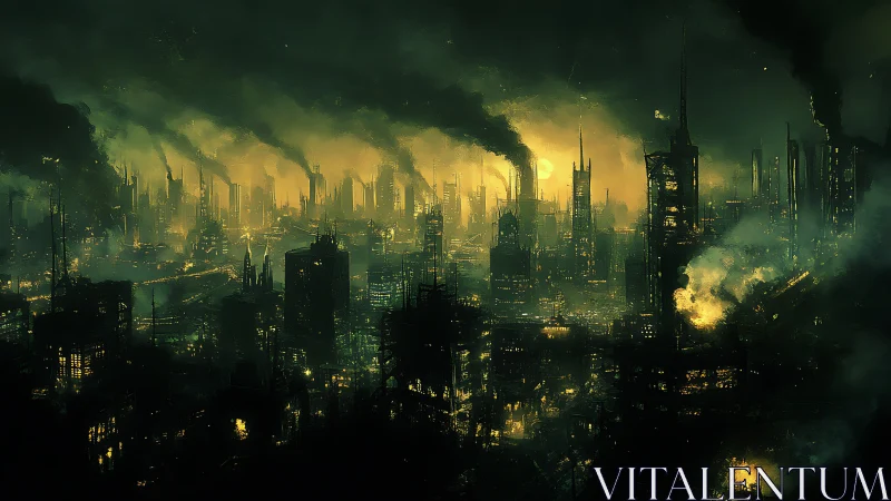Cyberpunk industrial megacity skyline under toxic smog glow.