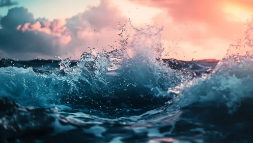 High-splash ocean wave crest under vivid sunset backlighting