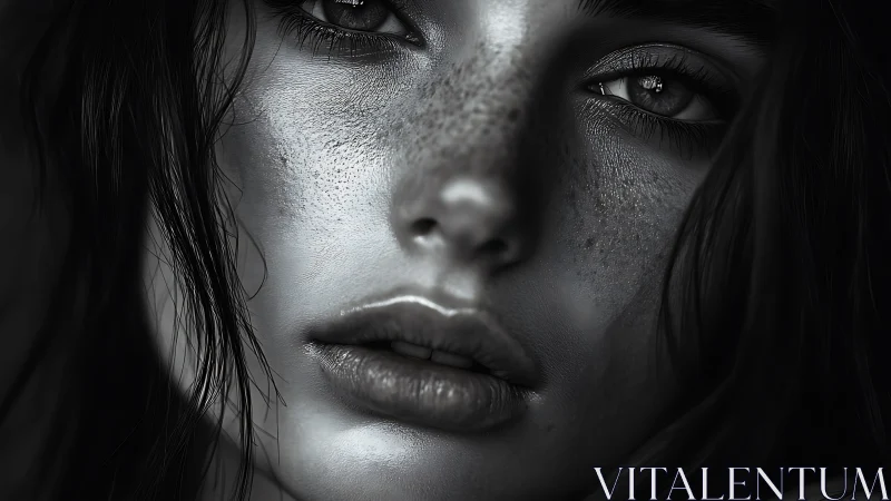 Monochrome hyperreal female portrait emphasizes pore detail and specular skin