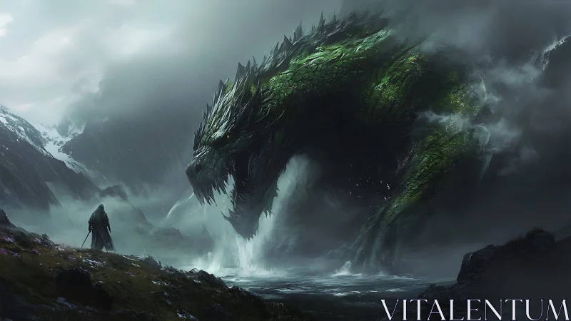 Storm-drenched colossus bends toward a lone mountain wanderer