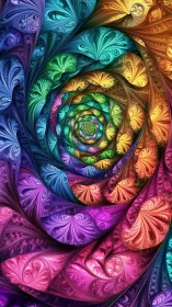 Radiant fractal spiral unfolds in vivid rainbow plumes.