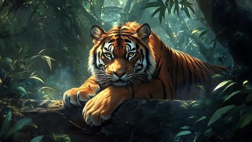 Majestic tiger rests on mossy jungle log in dappled light.