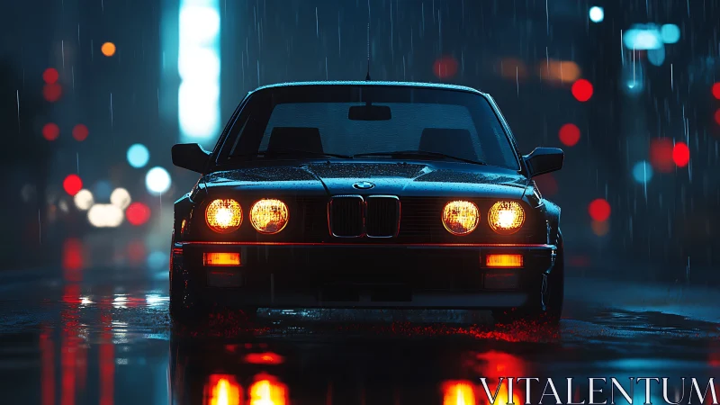 Midnight rain runner, retro BMW stalking neon streets.