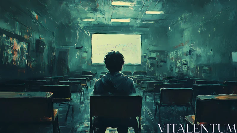 Solitary student in dim classroom facing overexposed projection screen