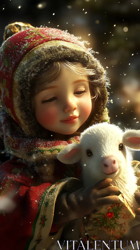 Snowlit child and lamb cradled in golden winter hush.
