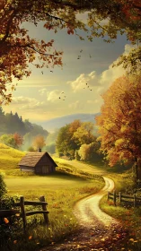 Autumn hillside cabin along curving rural luminance path.