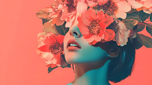 Digital portrait of woman with face obscured by large flowers