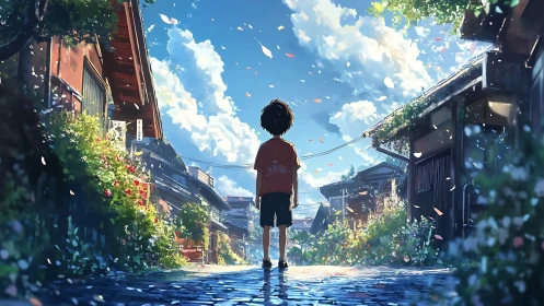 Child on wet village street under bright blue sky.