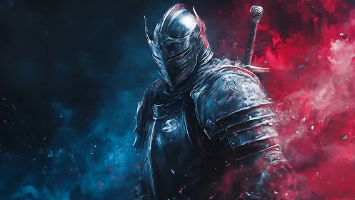 Armored knight emerging through dual red and blue mists.