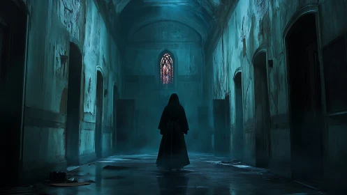 Shrouded figure bargains with shadows in a drowned corridor