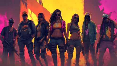 Neon backlit street gang lineup under fragmented urban glow