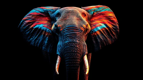 Chromatic elephant portrait with neon-infused textured ears.