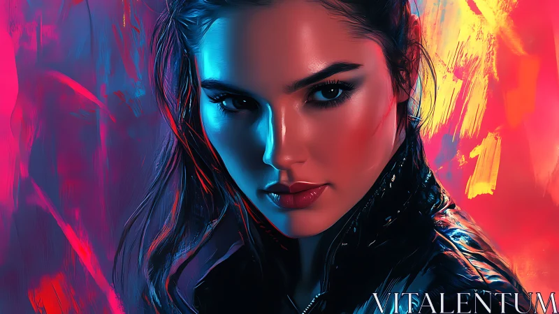 Neon-lit portrait channels electric confidence and power.