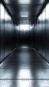 Symmetric metallic service corridor with riveted steel plates.