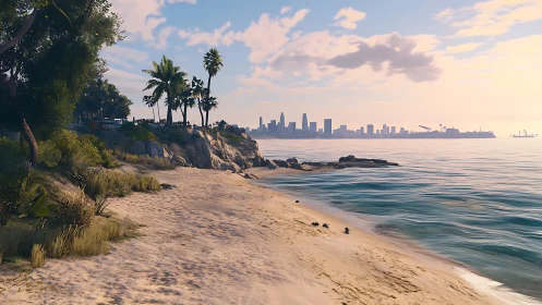 Serene Coastal Escape with Palm Trees Overlooking City Skyline