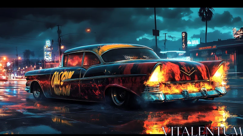 Flaming classic lowrider burns through neon city streets.