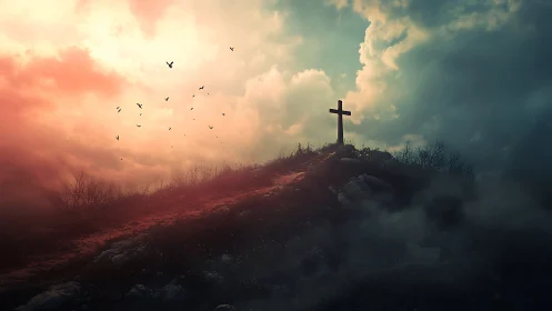 Solitary hilltop cross illuminated by dramatic sunset sky.