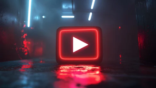 Neon YouTube Play Button in Futuristic Dark Tunnel Scene.