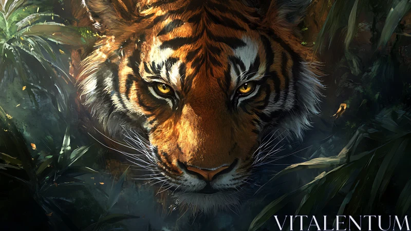 Tiger gaze cuts jungle shadow, molten amber eyes burn.