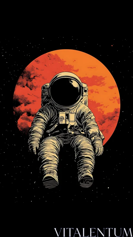 Drifting astronaut before ember-red moonlit silence.
